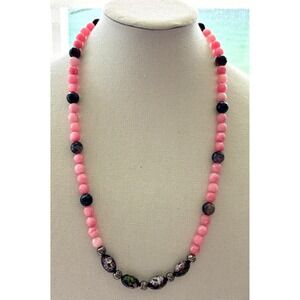 Inspired Pink & Black Beaded Necklace With Hand-Painted Floral Cloisonné Beads